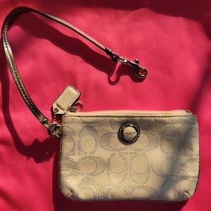 Coach Wristlet ~ Signature C Logo ~ White w/ Silver Thread ~ GUC